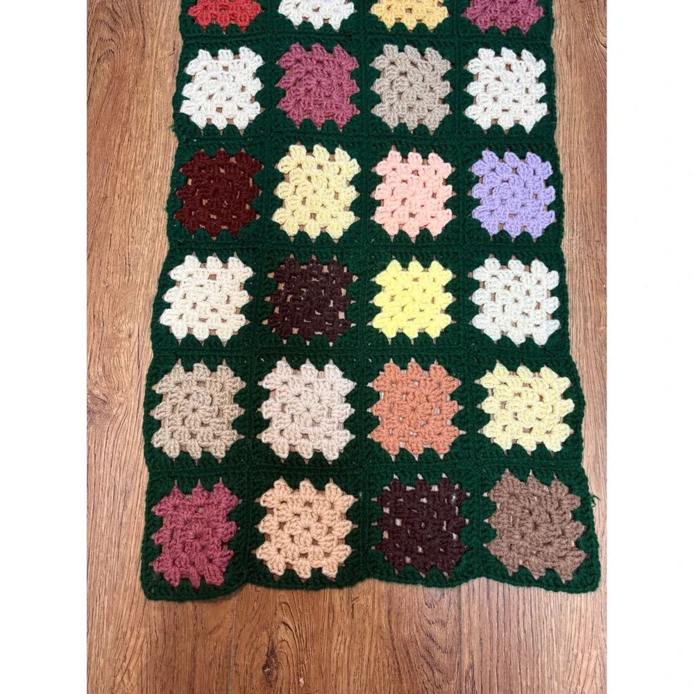 Handmade Crochet Granny Square Table Runner Green Multi Color Boho Vintage 70x19